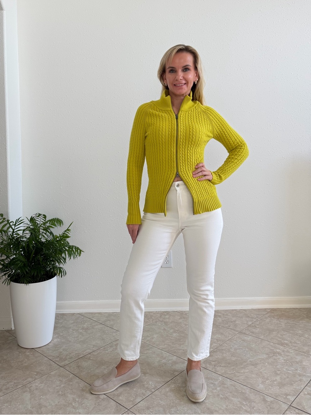 Free People Cable Knit Zip Cardigan Chartreuse Green Size S